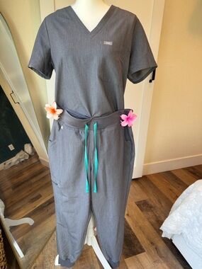 Figs Women's Gray V-Neck Scrub Jumpsuit with Teal Drawstring